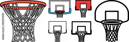 Various basketball hoop designs featuring a net and backboard, isolated on a plain white background, showcasing different angles and perspectives for sports illustration.