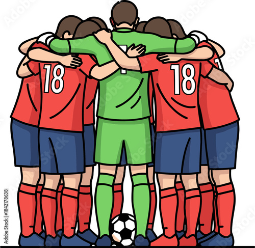 Soccer players huddling together in red uniforms with a green goalkeeper preparing for a match. Isolated on a transparent background