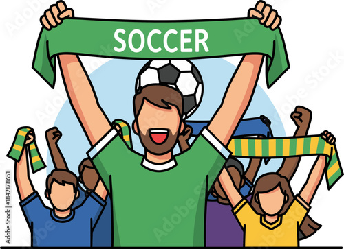 Group of excited fans cheering for soccer, holding scarves and celebrating the game, illustrated style with vibrant colors, isolated on a transparent background