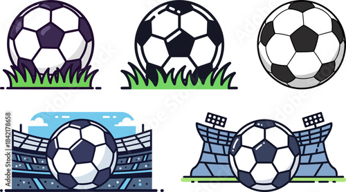 Five soccer balls on grass and in a stadium setting, showcasing different styles and views, vibrant colors, isolated on a transparent background.