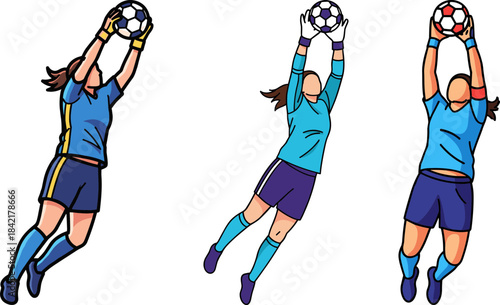 Three female soccer goalkeepers catching soccer balls in action with different colored uniforms on a transparent background, showing athleticism and teamwork in sports.