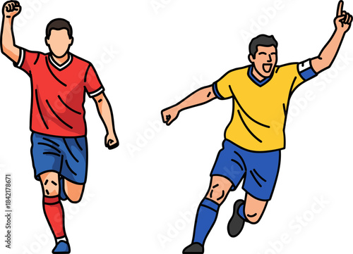 Two male soccer players celebrating a goal, one in red jersey and shorts, the other in yellow jersey and shorts, isolated on a transparent background.