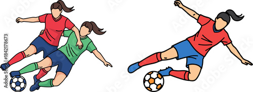 Two female soccer players competing on a black background, one dribbling the soccer ball while the other is sliding for a tackle, dynamic action and vibrant colors highlighted.