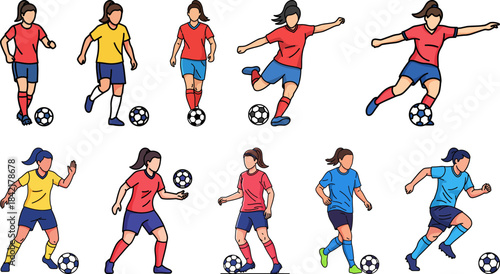 Female soccer players demonstrating various actions on the field  