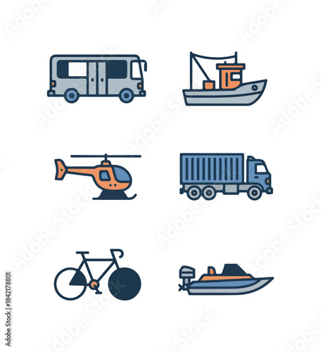 Transportation icons bus boat helicopter truck bicycle motorboat