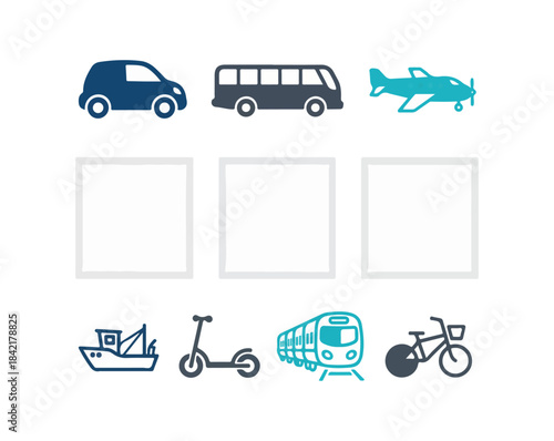 Transportation icons car bus airplane boat scooter train bicycle vector illustration