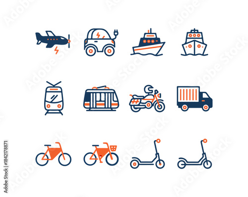 Transportation icons collection airplane car boat tram motorcycle truck bike scooter vector set