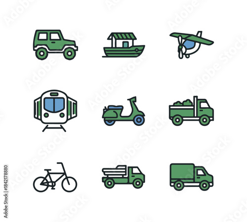 Transportation icons collection car boat airplane train scooter truck bicycle
