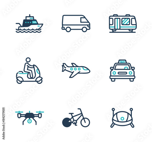 Transportation icons set boats cars trains aircraft and more
