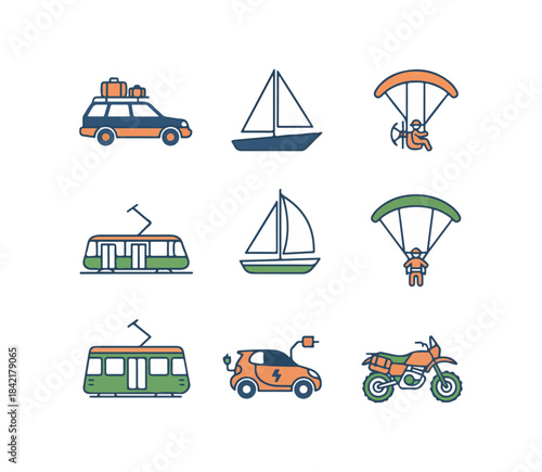 Transportation icons set car sailboat parachutist tram motorcycle