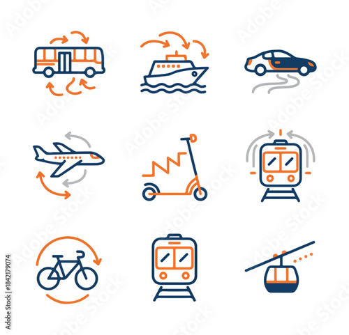 Transportation icons set bus boat car plane scooter train bicycle cable car