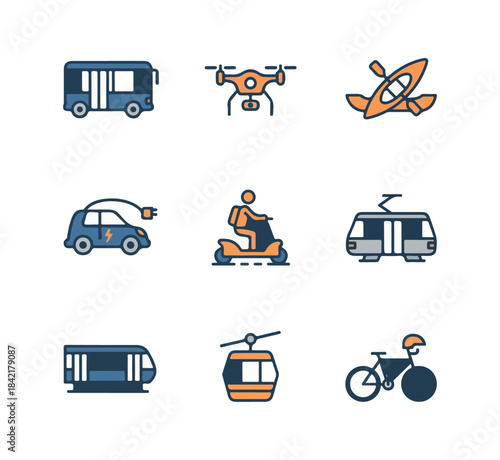 Transportation icons set bus drone kayak electric car scooter train cable car bicycle
