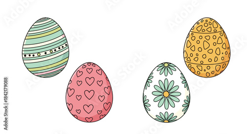 A set of four beautifully hand-drawn Easter eggs with various charming patterns like hearts flowers and stripes for the holiday.