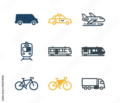 Transportation icons set diverse vehicles and modes of transport