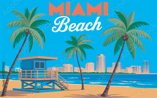 Miami Beach Retro Poster Vector with City Skyline