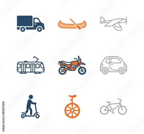 Transportation icons van boat airplane tram motorcycle car scooter unicycle bicycle