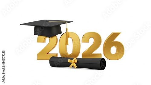 3d graduation concept with mortarboard, diploma scroll, and year 2026