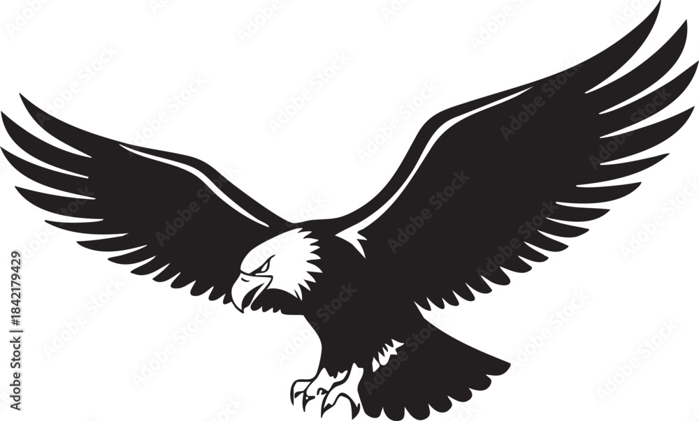 Obraz premium Black and white silhouette of a majestic bald eagle in flight