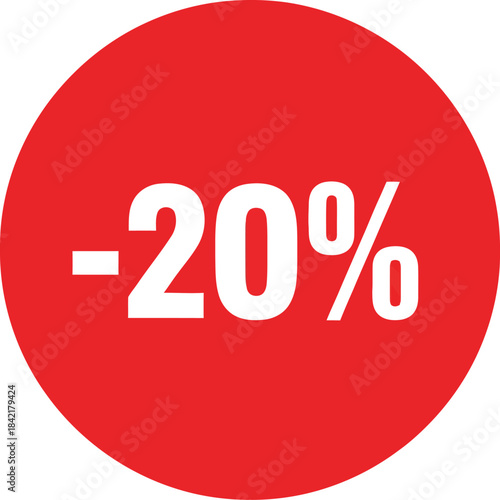 Bold white minus twenty percent text on a vibrant red circular sticker for sales and promotions.