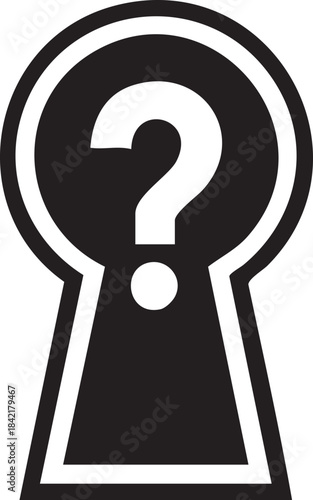 Black and white icon of a keyhole with a large white question mark inside