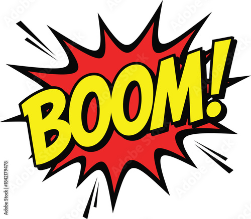 Bold yellow BOOM text in a red explosive starburst classic comic book pop art style.