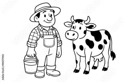 A man in a straw hat is holding a bucket and standing next to a cow. The cow has a black and white spotted face