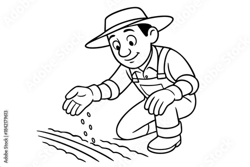 A man in a hat and overalls is planting seeds in the ground. Concept of hard work and dedication to agriculture