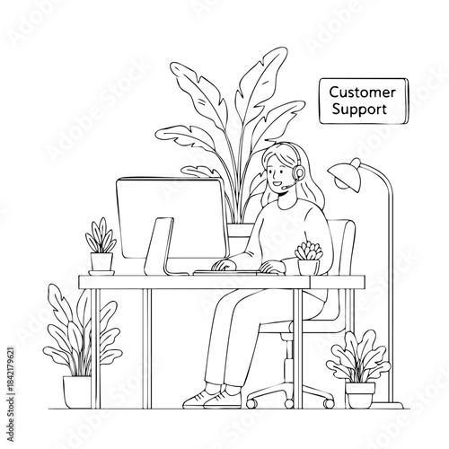 A woman is sitting at a desk with a computer and a potted plant. She is wearing headphones and she is working. The image is titled Customer Support and is in black and white