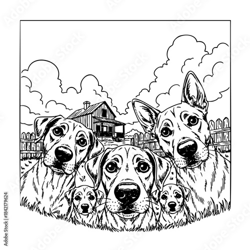 A drawing of four dogs looking at the camera. The dogs are all different sizes and are standing in a field. Scene is happy and playful