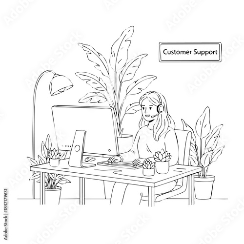 A woman is sitting at a desk with a computer and a sign that says Customer Support. She is wearing headphones and she is working on a computer