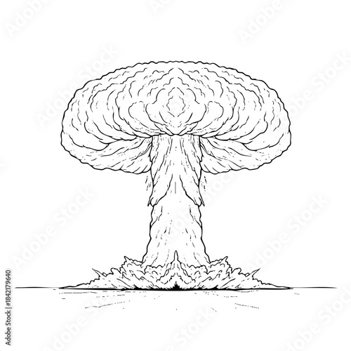A black and white drawing of a mushroom cloud. The mushroom cloud is large and has a lot of detail, including the smoke and the fire. Scene is ominous and foreboding