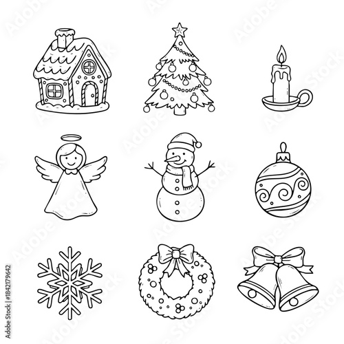 A set of Christmas decorations including a snowman, angel, and Christmas tree. The snowman is wearing a hat and scarf, and the angel is holding a star. The Christmas tree is decorated with lights
