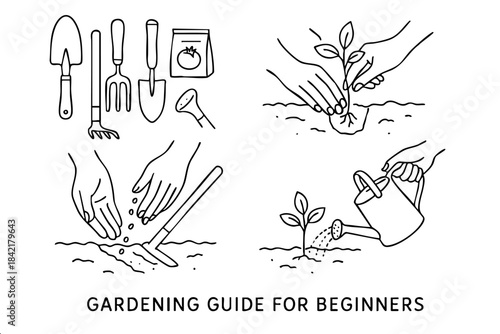 A gardening guide for beginners. A person planting a seedling. The image is black and white