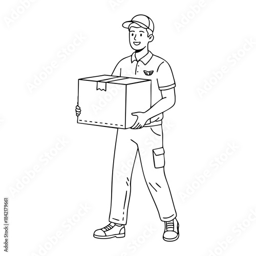 A man is holding a box. He is smiling. The box is brown. The man is wearing a white shirt