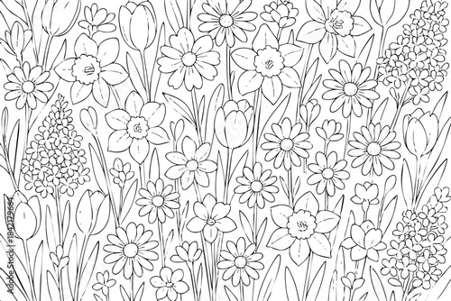 A drawing of a field of flowers with a variety of colors and shapes. The flowers are arranged in a way that creates a sense of depth and movement