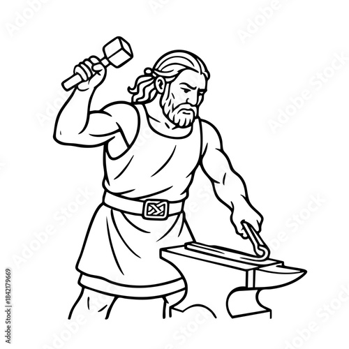 A man is hammering a piece of metal. He is wearing a belt and a shirt. The man is focused on his work