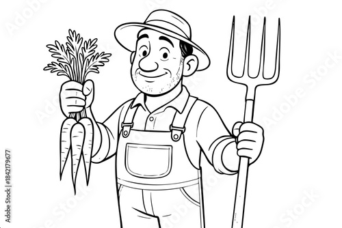 A man is holding carrots and a pitchfork. He is smiling and he is happy. Concept of joy and contentment, possibly related to the act of farming or gardening