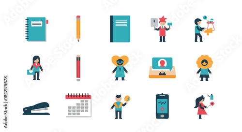 A collection of colorful flat design icons representing office supplies business concepts and diverse cartoon people characters.