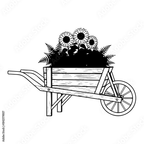 Floral Filled Wooden Wheelbarrow with Sunflower Accents silhouette