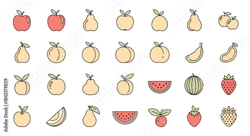 A large set of cute and simple fruit icons illustrated in a colorful line art style on a clean white background for design.