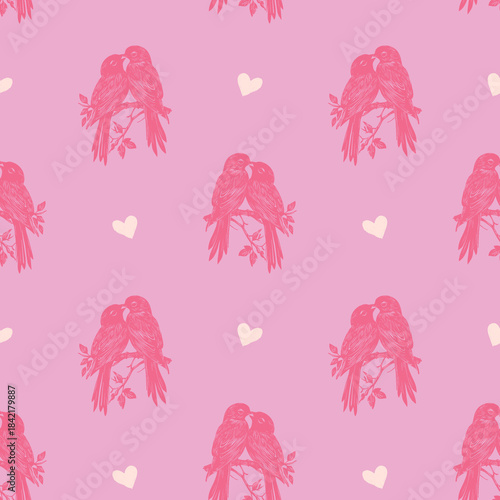 Lovebirds seamless pattern with pink parrots sitting on branches, romantic hearts, hand drawn vintage design for Valentine's Day, wedding, romance, wrapping paper, wallpaper, textile