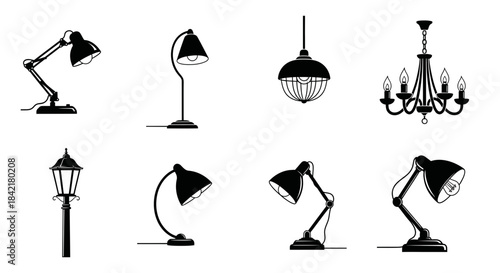 Photo of collection of various black silhouette lamps and chandeliers