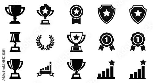 Photo of set of black trophy, award, badge, shield, laurel wreath, and success bar chart icons for achievement and victory