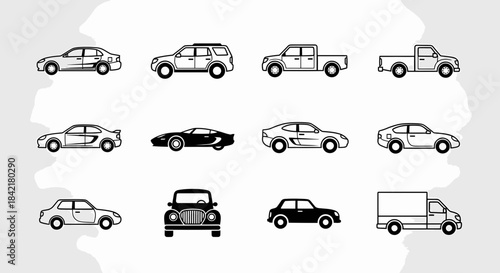 Photo of set of 12 different types of cars and vehicles outline icons in black and white