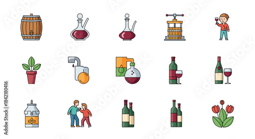 A diverse set of colorful line icons representing various elements of wine production and enjoyment on a white background.