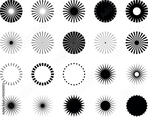 Circular starburst rays design abstract black and white geometric collection retro radial symmetry shapes sunburst optical illusion graphic pattern bold minimal style decorative icon illustration