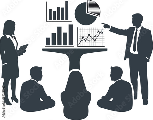 Business meeting presentation with charts and graphs silhouette.