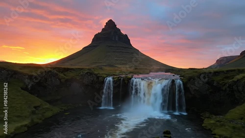 Kirkjufell Mountain and Waterfall at Sunset in Iceland.