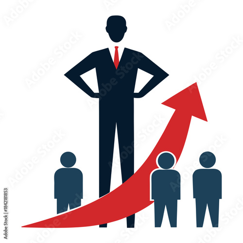 A confident business leader standing over employees with a large upward arrow indicating growth.