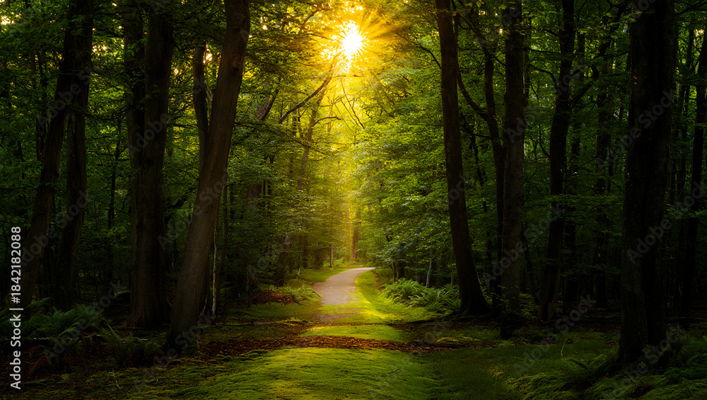 Obraz premium Sunburst through lush green forest canopy illuminating a winding path and mossy ground woods nature